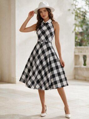 DESIGNER BOSTON PROPER BLACK/WHITE/GRAY PLAID HALTER BACKLESS MIDI LENGTH DRESS